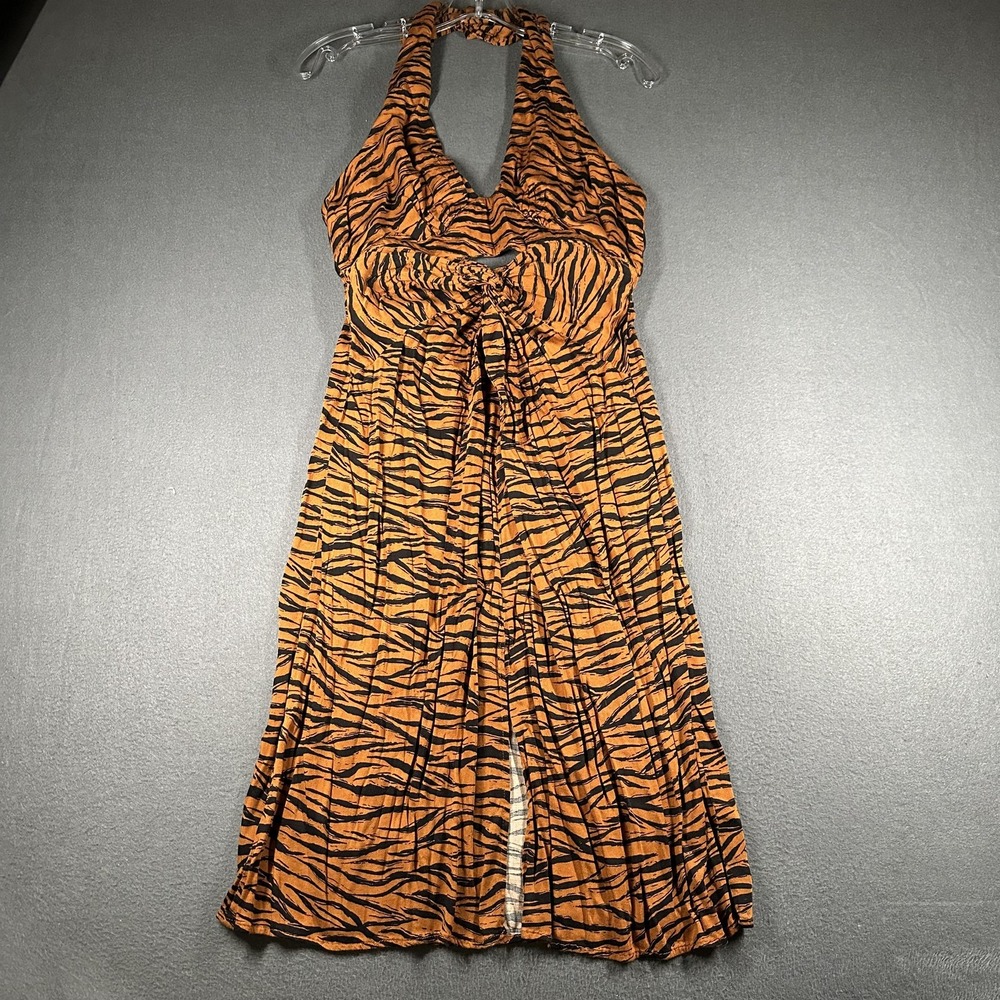Anthropologie Orange and Black Tiger-Print Halter Dress